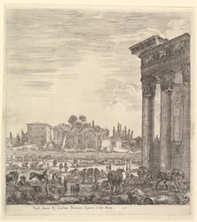 Le colonne del Tempio di Antonino a destra, una parte del Campo Vaccino al centro