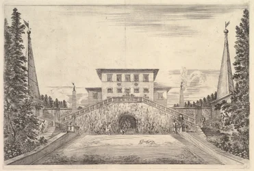 La villa al centro fiancheggiata da quattro obelischi, una scala su entrambi i lati, una statua, ca. 1653