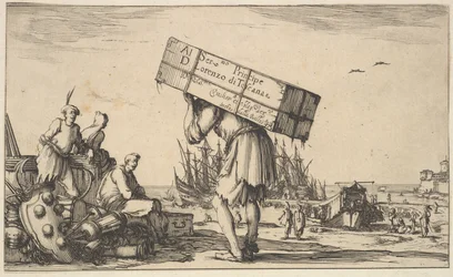 Pagina del titolo: un uomo che porta una cassa sulla schiena al centro, tre uomini che lo guardano, 1639