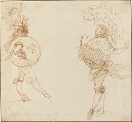 Due uomini in costumi da mascherata: La Terra e un elmo da parata