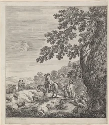 Due cavalieri che passano vicino a un branco di animali, 1656