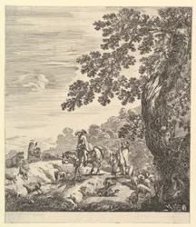 Due cavalieri passano un gregge, cavalcando verso sinistra, una contadina e un giovane ragazzo, circa 1656