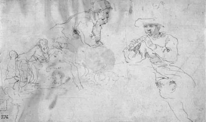 Due studi per una composizione di due pastori appoggiati su un grande masso, uno suona il flauto, l