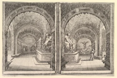 Due vedute di una grotta, entrambe con una fontana con una statua seduta, ca. 1653