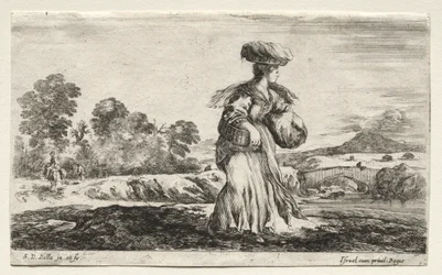 Varie figure e paesaggi: Contadina che porta un cesto sulla testa, 1649