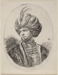 Giovane moro con barba leggera e turbante piumato, rivolto a sinistra