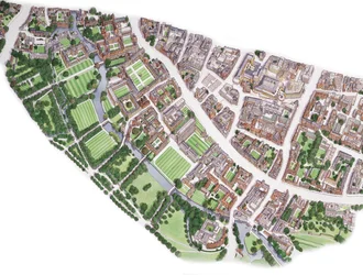 Vista aerea di Cambridge, disegnata nel 1996