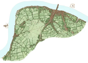La South Bank, Londra, tra Vauxhall e Bermondsey circa 1600, 2021 (inchiostro e acquerello, digitale)