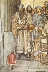 Uscirono tutti in gruppo, signori e signore, per vedere il piccolo uomo, illustrazione da 