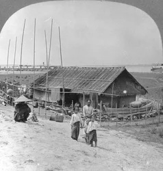 Casa costruita di bambù su zattere, Bhamo, Birmania, 1908