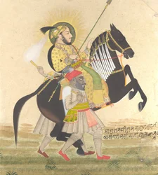Maharana Sangram Singh che cavalca uno stallone da premio, ca. 1712