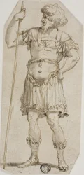 Guerriero romano in piedi che tiene il bastone