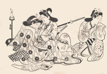 Samurai e cortigiana seduti, un servitore accanto a loro