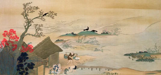 Contadini che raccolgono verdure vicino a Kyoto nel Medioevo, stampato nella rivista 