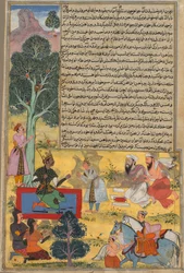 Vabhruvahana si Avvicina ad Arjuna, pagina dal Razm-nama di Khan Khanan