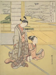 Un Giovane Uomo e Donna con uno Shamisen, Monaco Saigyo