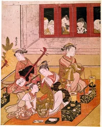 Cortigiane che suonano, esposte agli sguardi dei voyeur. Stampa giapponese di Suzuki Harunobu (1725-1770). 1769 circa. Dimensioni: 0,27 x 0,21 m. Parigi, Museo Guimet, Museo nazionale delle arti asiatiche