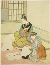 Neve serale su un modellatore di filo (Nurioke no bosetsu), dalla serie "Otto vedute del salotto (Zashiki hakkei)"