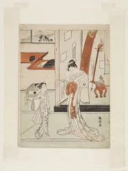 Geisha e accompagnatore (stampa xilografica a colori)