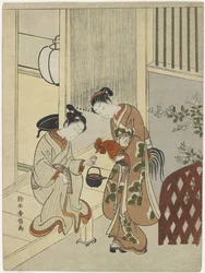 Amanti che offrono sake a un gallo, c. 1767