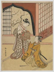 Amanti con una gabbia per uccelli, periodo Edo, c.1766-67
