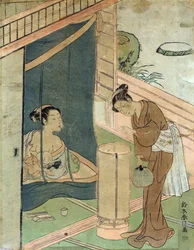 Madre e bambino dietro una zanzariera di Harunobu Suzuki, un designer giapponese di stampe su legno nello stile Ukiyo-e