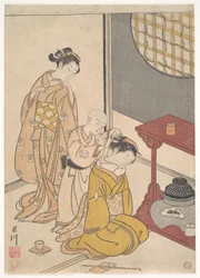 Pioggia notturna presso il supporto a doppio ripiano, dalla serie Otto vedute del salotto (Zashiki hakkei)