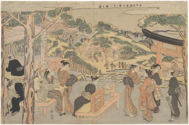 Osen della casa da tè Kagiya presso il santuario Kasamori con vista su Nippori a Yanaka