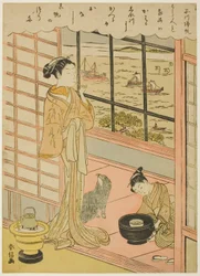 Vele di ritorno a Shinagawa (Shinagawa no kihan), dalla serie "Otto vedute alla moda di Edo (Furyu Edo hakkei)"