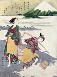 Fanciulle del sale sulla spiaggia di Tago-no-ura con il Monte Fuji dietro (stampa a blocchi di legno a colori)