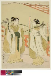 Le sacerdotesse Onami e Ohatsu danzano al santuario di Yushima Tenjin, c.1769
