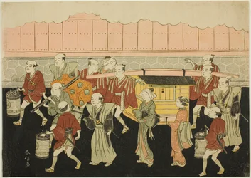 La sposa in palanchino verso la casa del marito (Koshi-iri), terzo foglio della serie "Il matrimonio nelle stampe di broccato, la carrozza della donna virtuosa (Konrei nishiki misao-guruma)".