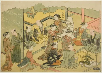 Il Sake Cerimoniale (Konrei sakazuki), il quarto foglio della serie "Matrimonio in Stampe Broccate, il Carro della Donna Virtuosa (Konrei nishiki misao-guruma)"