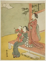 Due donne e un bambino che osservano la luna piena