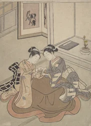 Due giovani donne sedute vicino a un kotatsu che giocano a fare la culla del gatto, ca. 1765