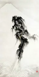 Drago in ascesa e Monte Fuji (inchiostro e oro su carta)