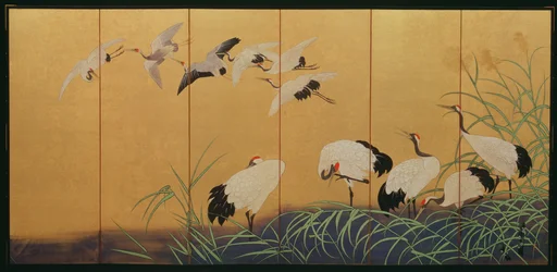 Paravento a sei pannelli raffigurante canne e gru, periodo Edo, giapponese, XIX secolo