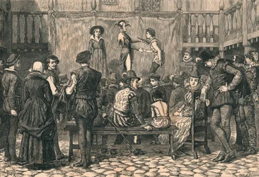 Una rappresentazione in un cortile di una locanda di Londra, al tempo della regina Elisabetta
