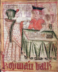 Interno di una bottega, dai Codici nazionali di Magnus Eriksson (1319-64), 1450 circa