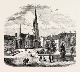 La chiesa di Riddarholmen, Riddarholmskyrka, Stoccolma, Svezia (incisione)