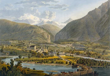 Brig sul Rodano, Alpi Bernesi, Svizzera, da Voyage Pittoresque de Geneve a Milan, 1819