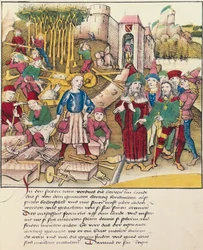 Fondazione della città di Berna nel 1191, miniatura dalla Spiezer Bilderchronik, Svizzera