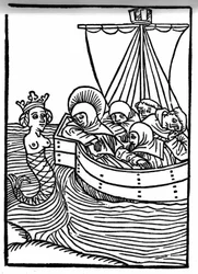 La leggenda di San Brendan (Brandano), eroe e santo irlandese del VI secolo. Tutti i monaci si addormentano al canto delle Sirene. Incisione di "Die Wunderbare Meerfahrt des Hl. Brandan." Bale
