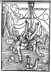 La leggenda di San Brendan (Brandan), eroe e santo irlandese del VI secolo. Le navi affondano nel Mare di Cleves. Incisione di 
