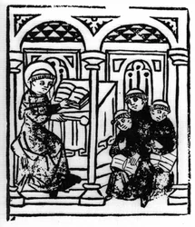 La leggenda di San Brendan (Brandano), eroe e santo irlandese del VI secolo. Il santo racconta le meraviglie del mare ai suoi confratelli del monastero. Incisione di "Die Wunderbare Meerfahrt des Hl. Brandan." Bale