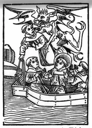 La leggenda di San Brendan, eroe e santo irlandese del VI secolo. Il diavolo porta via il monaco ladro. Incisione da "Die Wunderbare Meerfahrt des Hl. Brandan". Bale