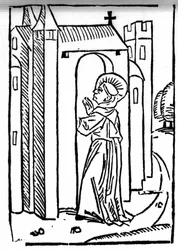 La leggenda di San Brendan (Brandan), eroe e santo irlandese del VI secolo. Il ritorno del santo al suo monastero. Incisione di 