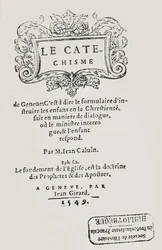 Pagina del titolo del Catechismo di Giovanni Calvino, pubblicato a Ginevra, 1549
