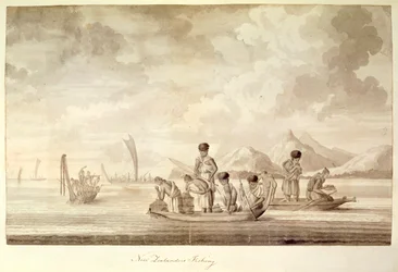 Neozelandesi che pescano, gennaio 1770