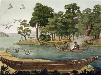 Metodo di navigazione in Nuova Olanda, inciso da F. Fumagalli, illustrazione da una raccolta di libri di viaggio dei primi del XIX secolo